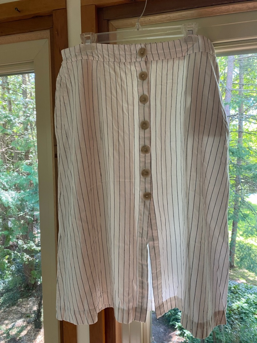 Linen-Rayon Striped Button-Front Midi Skirt in White with Black Pinstripes